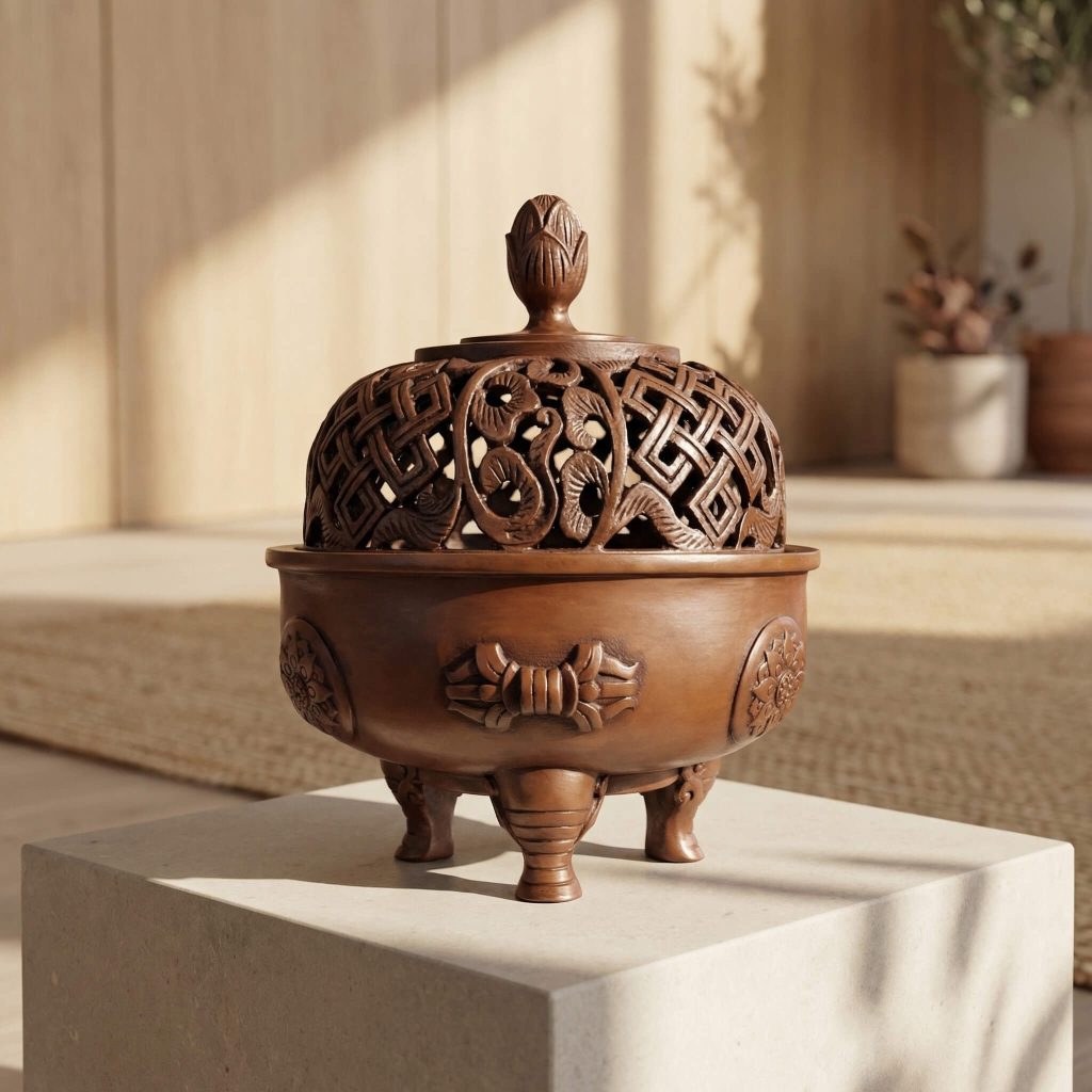 lotus incense burner with smoke in zen tea room