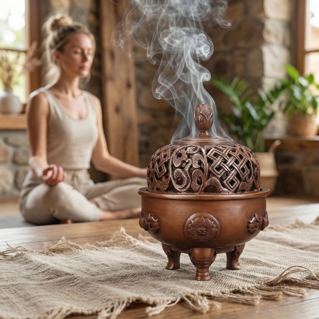 lotus incense burner with smoke in zen tea room