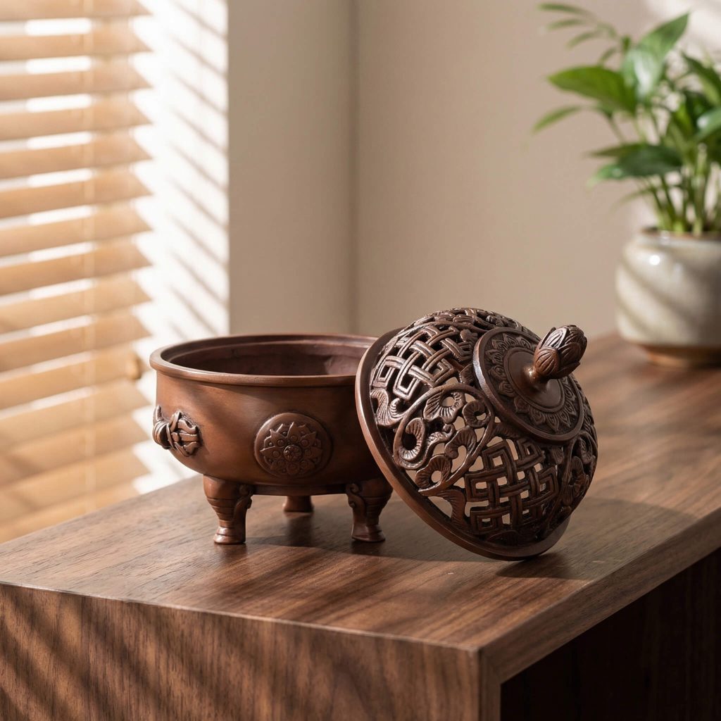 lotus incense burner with smoke in zen tea room