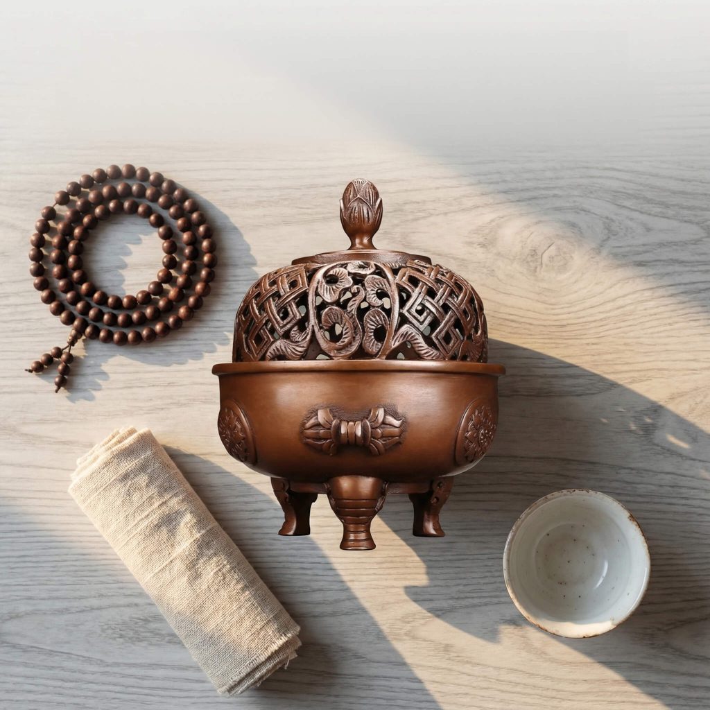 lotus incense burner with smoke in zen tea room