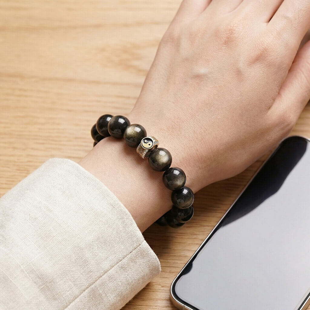 Daoism Light Five-Way Wealth God bracelet with 925 silver mantra detail