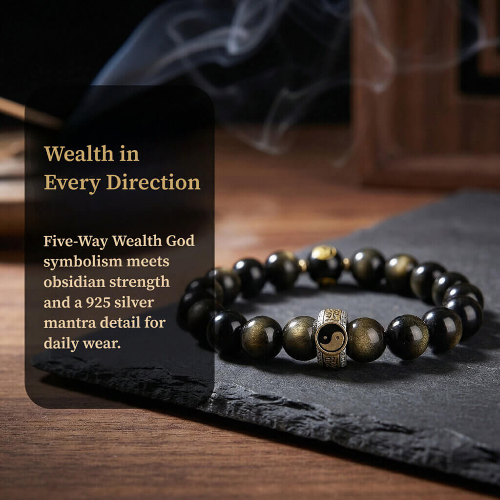 Daoism Light Five-Way Wealth God bracelet with 925 silver mantra detail