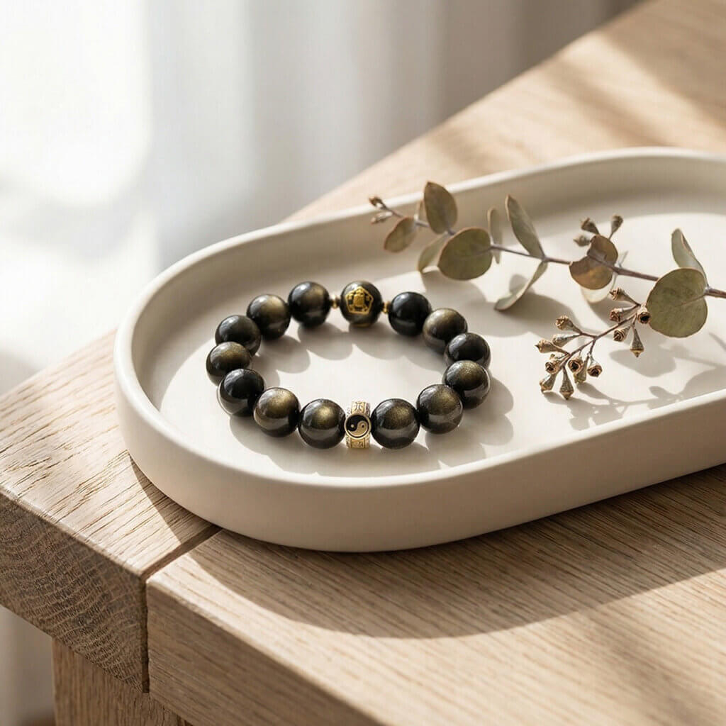 Daoism Light Five-Way Wealth God bracelet with 925 silver mantra detail