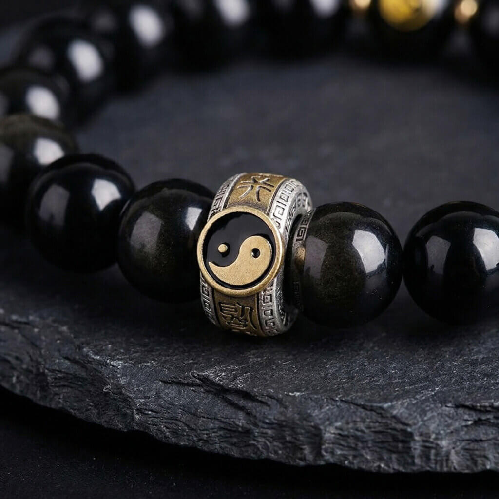 Daoism Light Five-Way Wealth God bracelet with 925 silver mantra detail