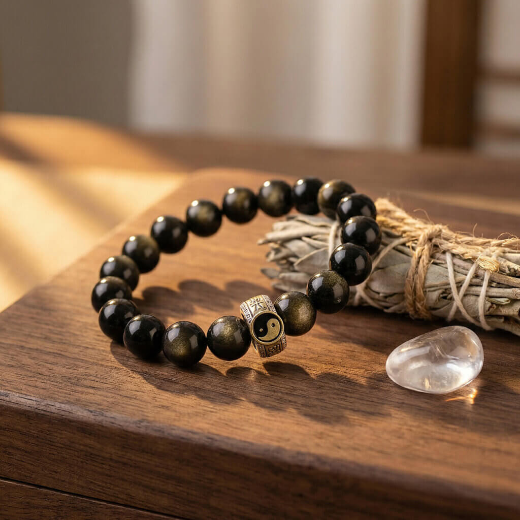 Daoism Light Five-Way Wealth God bracelet with 925 silver mantra detail