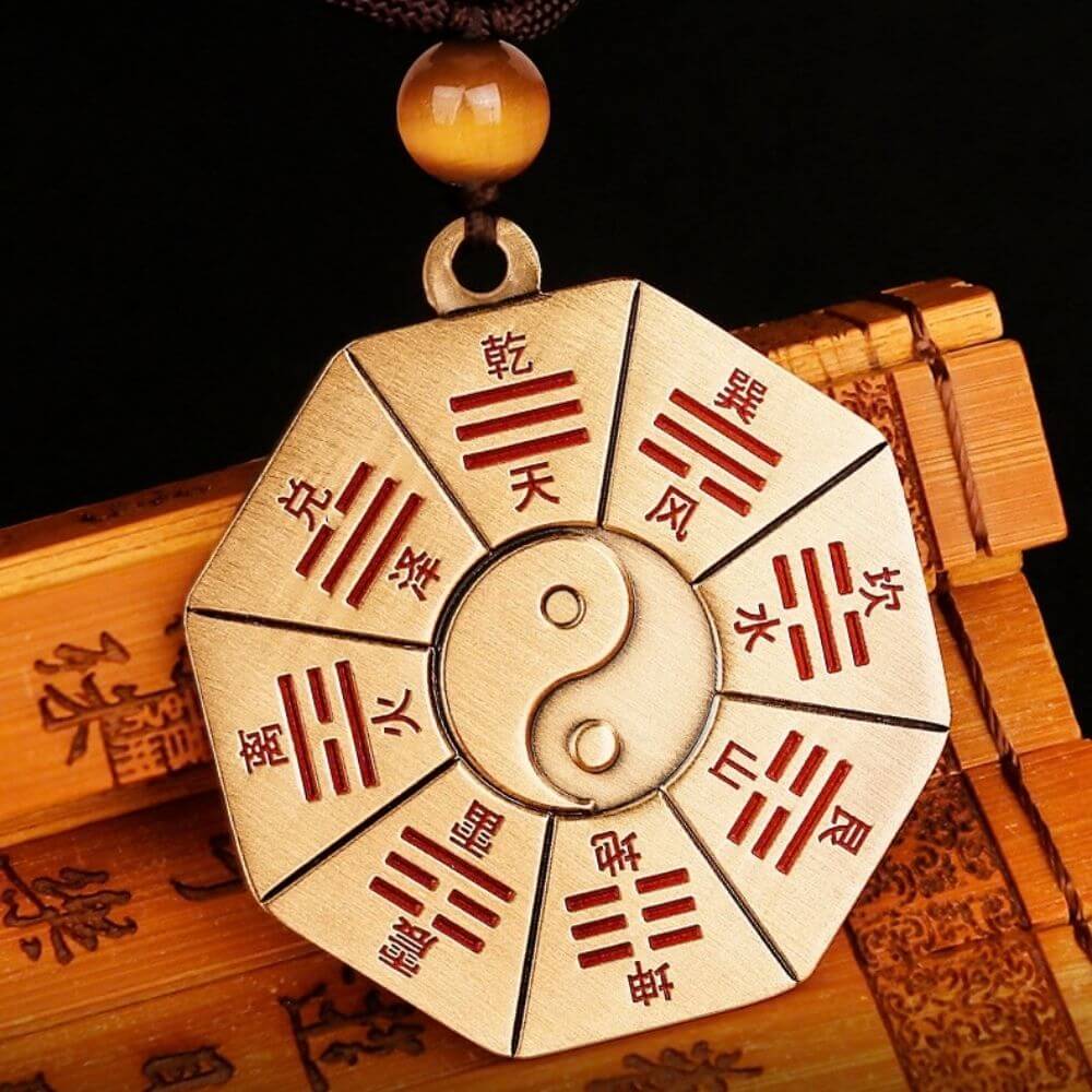 Daoist Bagua keychain with directional symbols on the back