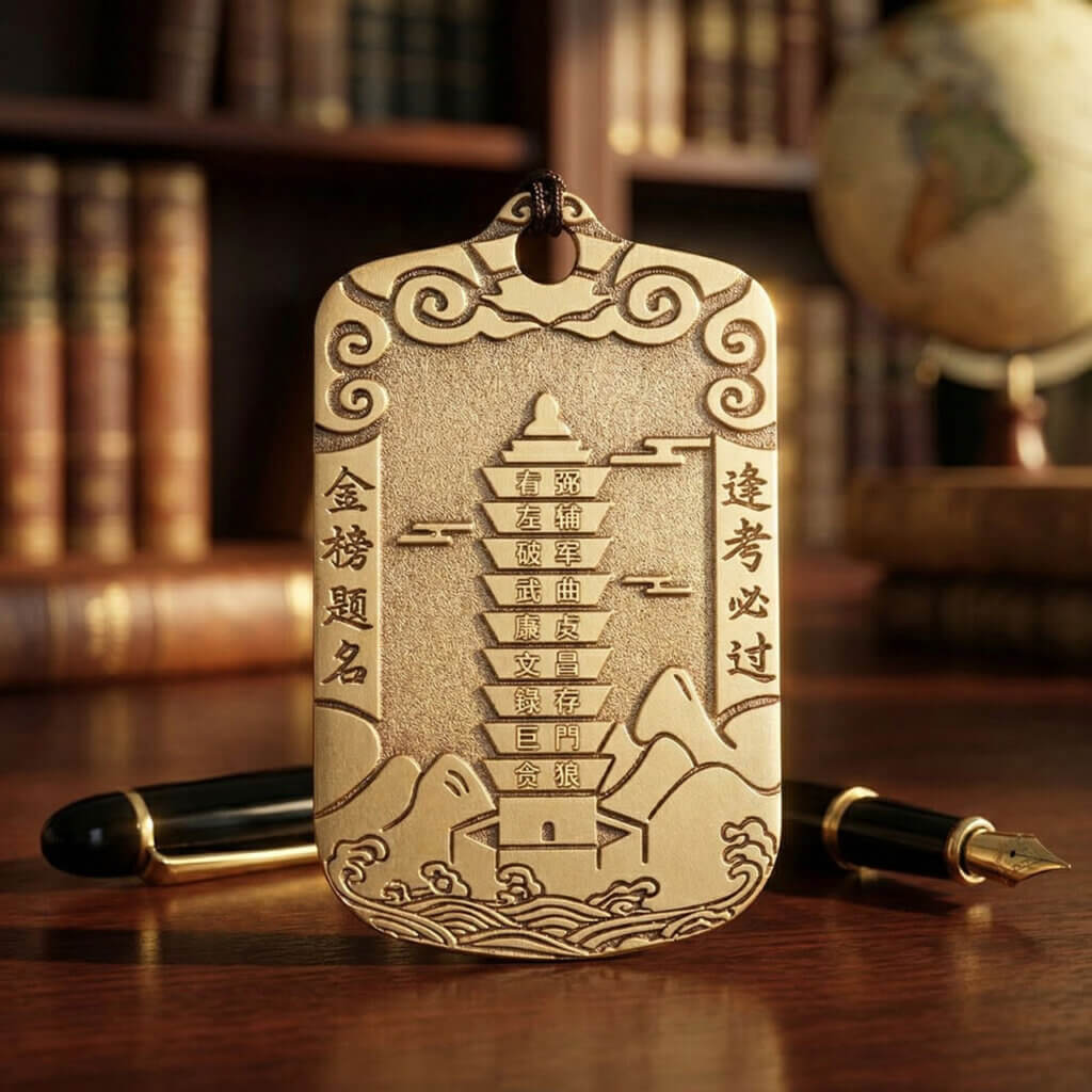 Brass study luck pendant with cloud and mountain motifs
