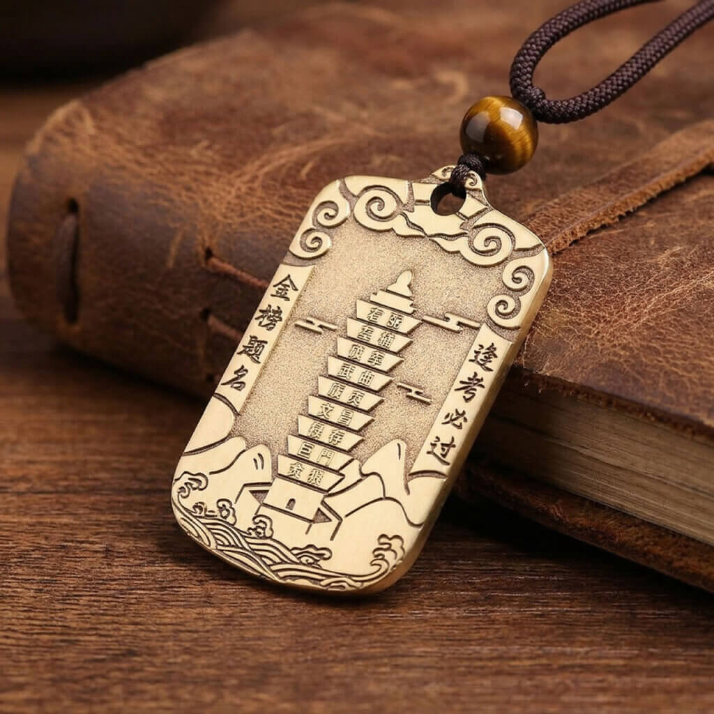 Brass study luck pendant with cloud and mountain motifs