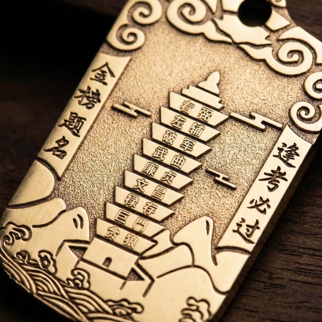 Brass study luck pendant with cloud and mountain motifs