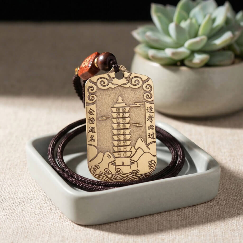 Brass study luck pendant with cloud and mountain motifs