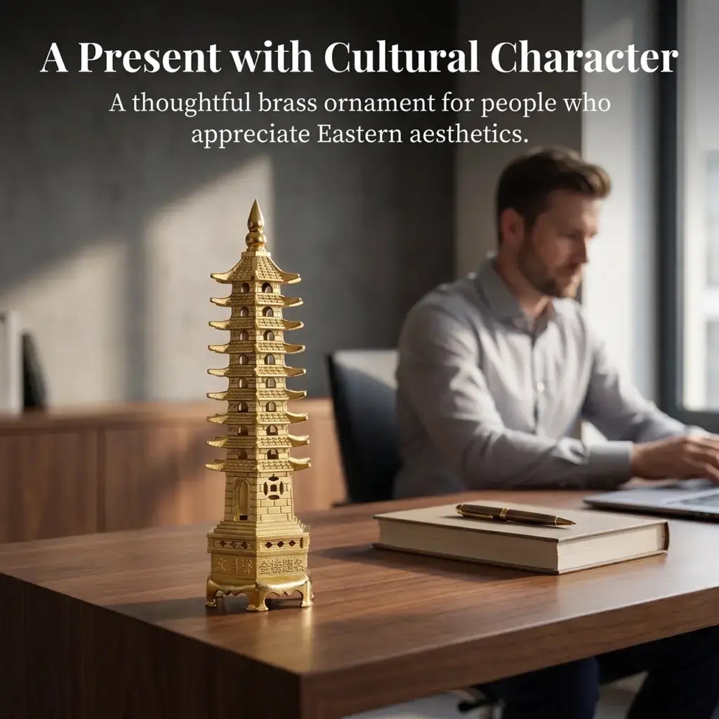 Compact brass pagoda desk ornament for study spaces