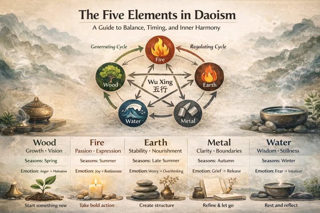 Five Elements (Wu Xing) meaning diagram showing Wood Fire Earth Metal and Water in Daoist philosophy