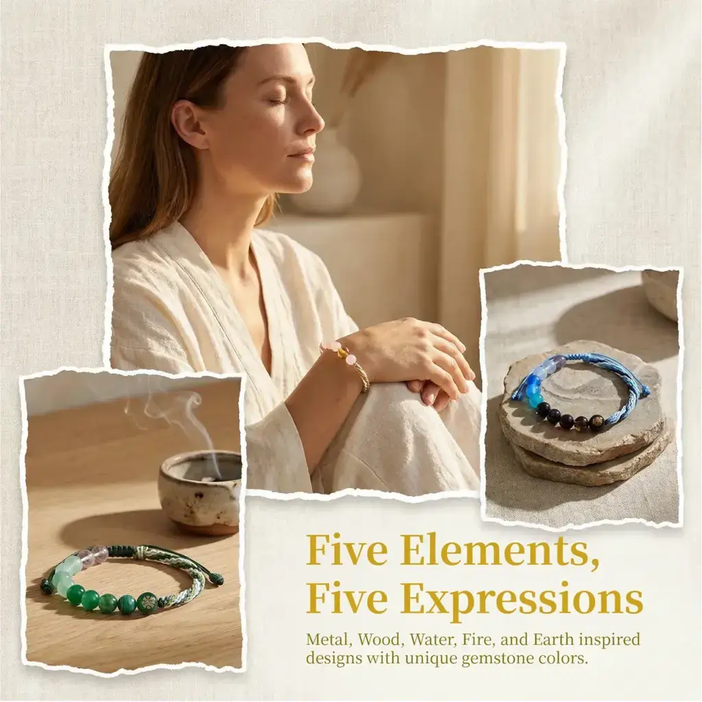 Five Elements crystal bracelet with gemstone colors and woven cord