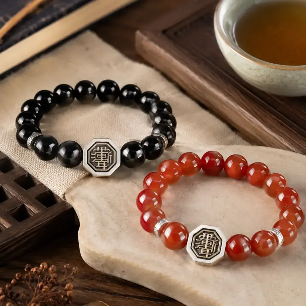 Zi Wei Hui Bagua bracelet set with red agate and obsidian options