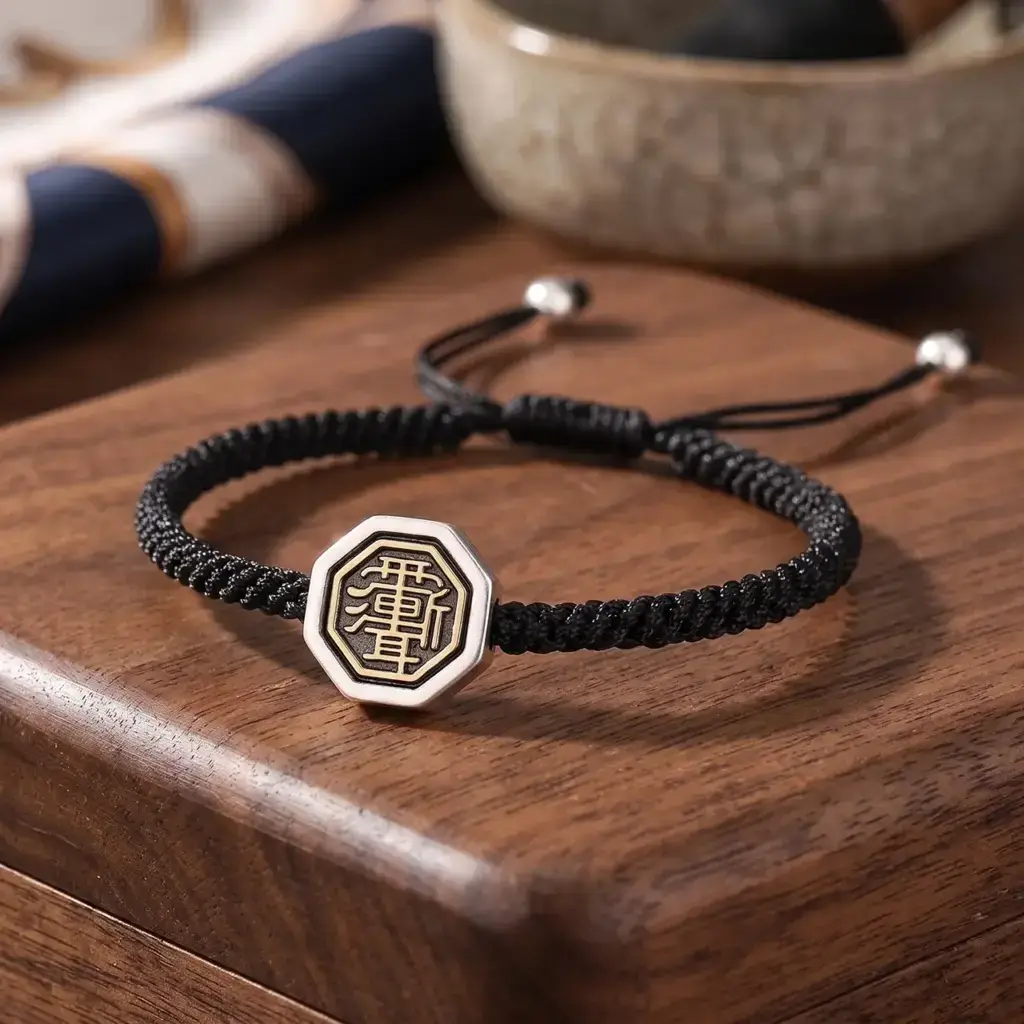 Daoism Light 925 sterling silver Zi Wei Hui Taiji Bagua couple bracelet with black woven cord