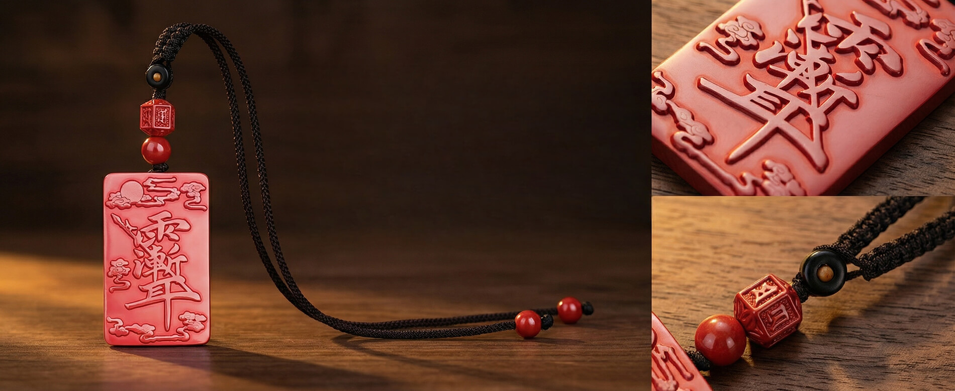 Red cinnabar hanging charm with Zi Wei Hui protective motif
