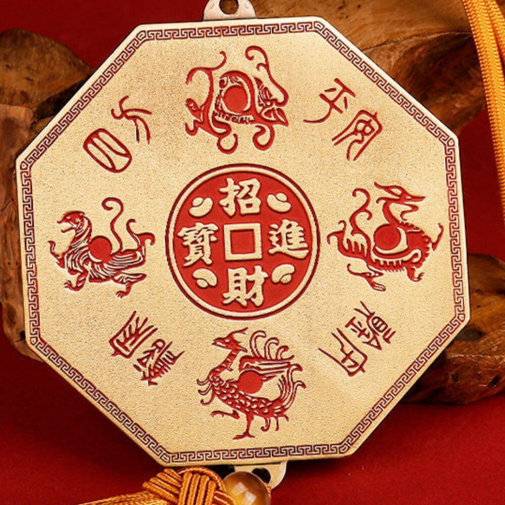 Close-up of octagonal brass Tian Guan plaque with genuine cinnabar filling