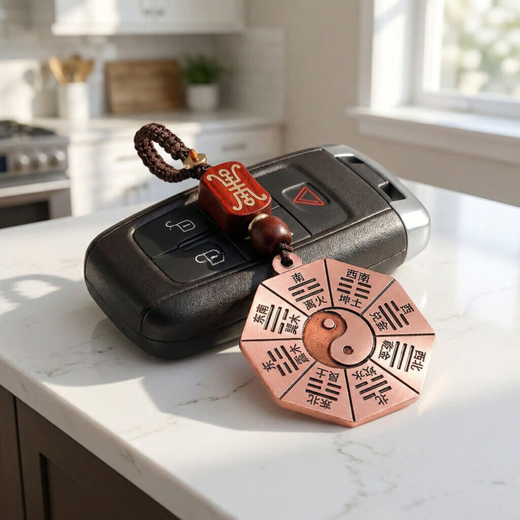 Daoism Light circular copper Bagua keychain with Taiji center