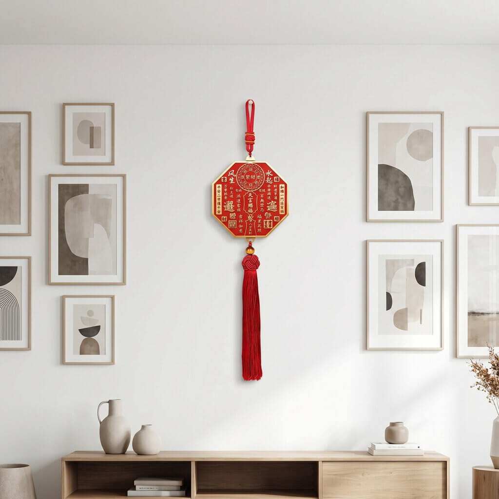 Daoism Light octagonal Tian Guan brass plaque with genuine cinnabar filling for home and shop décor