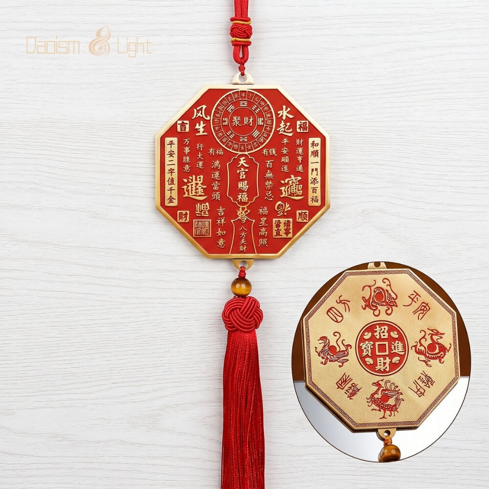 Octagonal Tian Guan brass plaque with red tassel and genuine cinnabar details