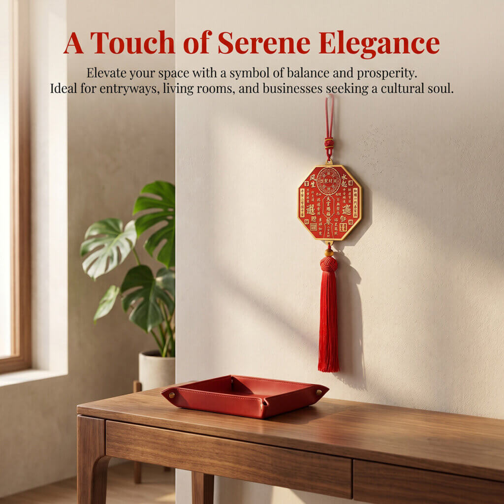 Daoism Light octagonal Tian Guan brass plaque with genuine cinnabar filling for home and shop décor