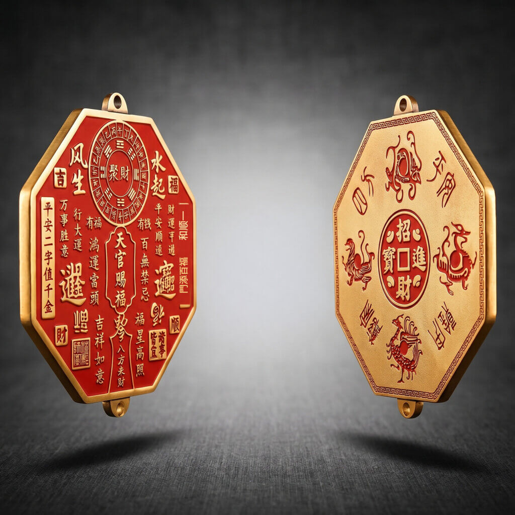 Daoism Light octagonal Tian Guan brass plaque with genuine cinnabar filling for home and shop décor