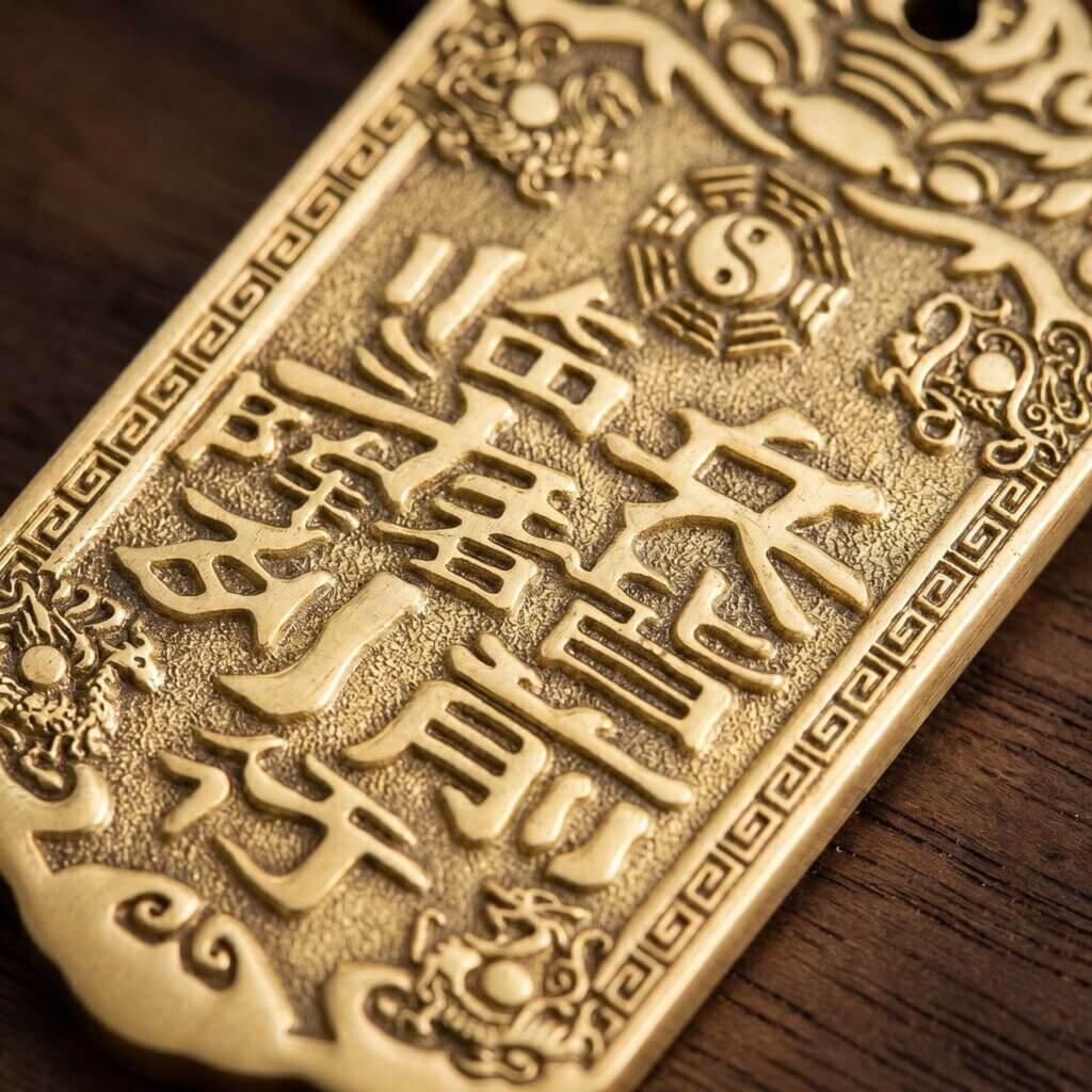 Daoist-inspired brass pendant charm with traditional symbolic design