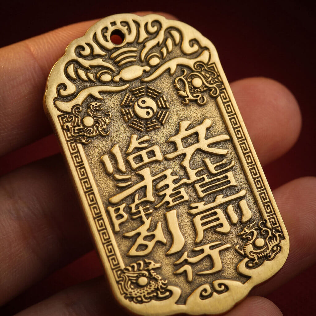 Daoist-inspired brass pendant charm with traditional symbolic design