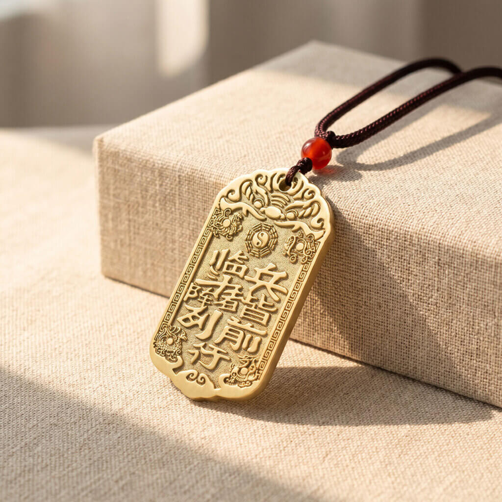 Daoist-inspired brass pendant charm with traditional symbolic design