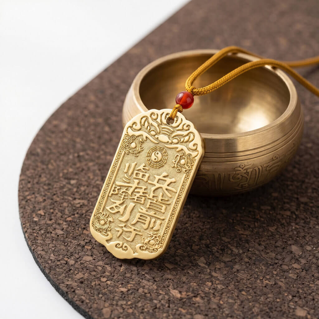 Daoist-inspired brass pendant charm with traditional symbolic design