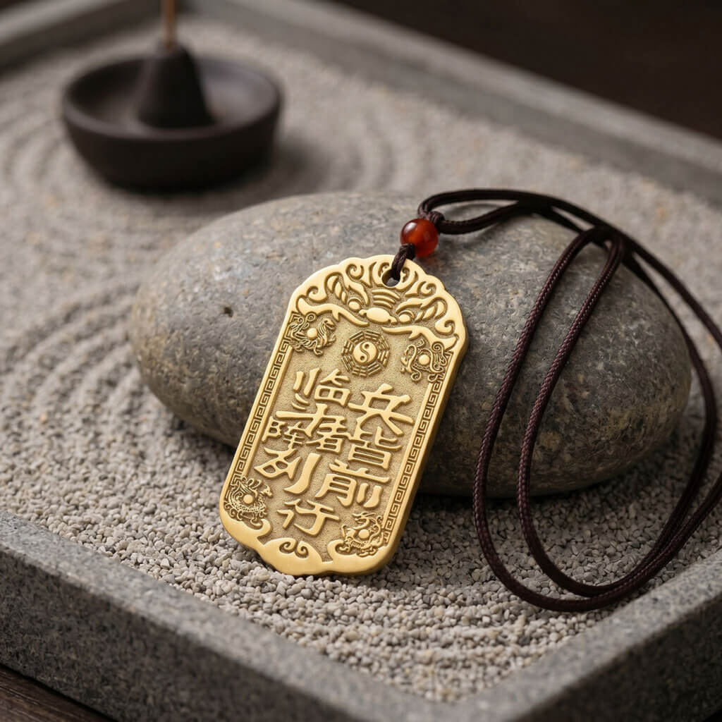 Daoist-inspired brass pendant charm with traditional symbolic design