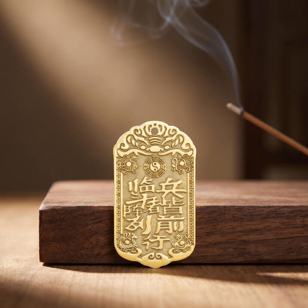 Daoist-inspired brass pendant charm with traditional symbolic design