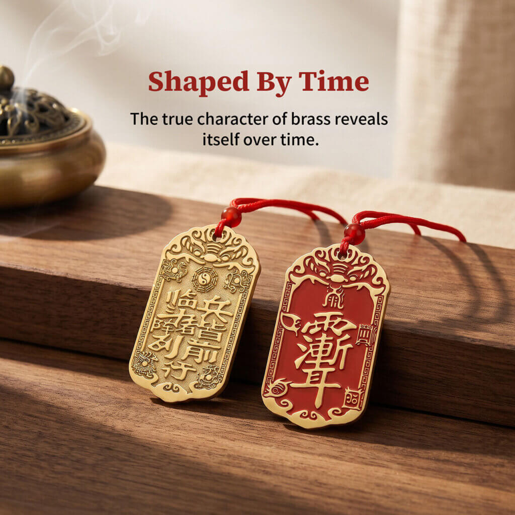 Daoist-inspired brass pendant charm with traditional symbolic design