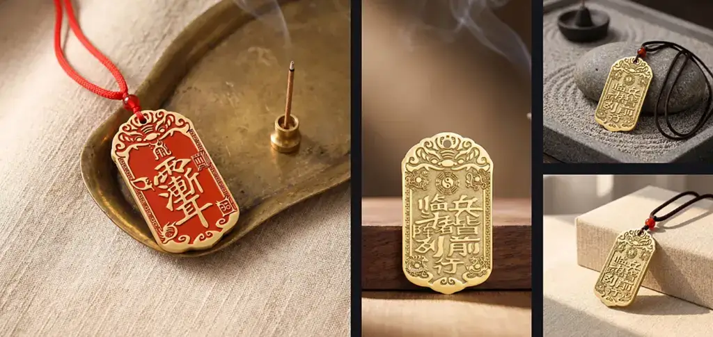 Zi Wei Hui Nine Mantra pendant in engraved brass and cinnabar-filled brass finishes
