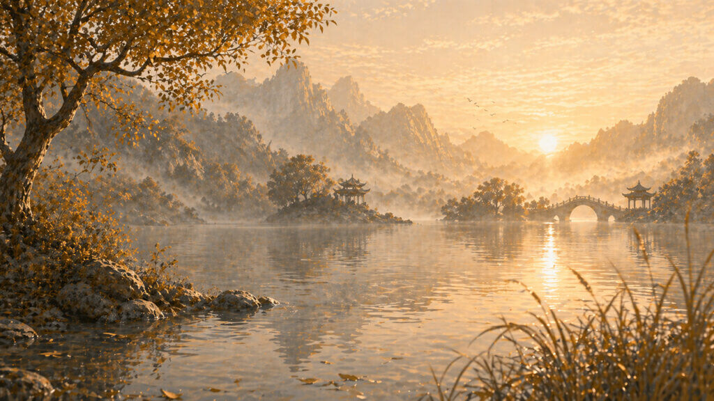 A calm Daoist-inspired lake landscape representing the Dui trigram’s symbolism of openness, reflection, and balance
