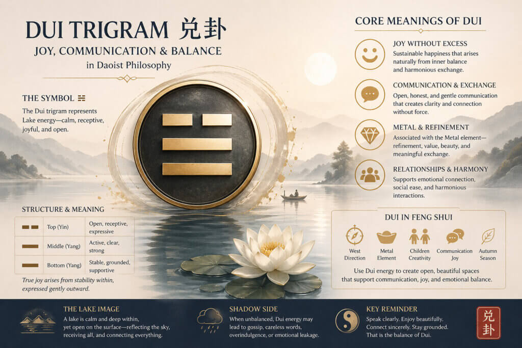 An illustration explaining the Dui Trigram meaning through Daoist Bagua Lake symbolism and Metal energy