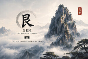 Detailed diagram of Gen Trigram Meaning Explained with Daoist Mountain symbolism for stillness, boundaries, and grounding