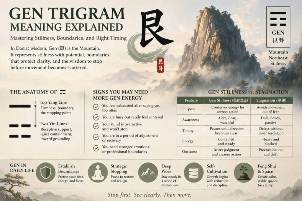 Detailed diagram of Gen Trigram Meaning Explained with Daoist Mountain symbolism for stillness, boundaries, and grounding