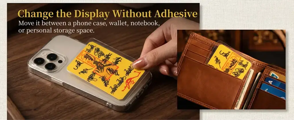 Handwritten Bai Shun card stored flat inside a wallet compartment