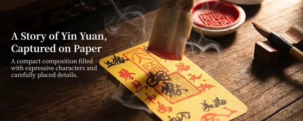 Handwritten Yin Yuan symbol card on yellow paper with red and black characters