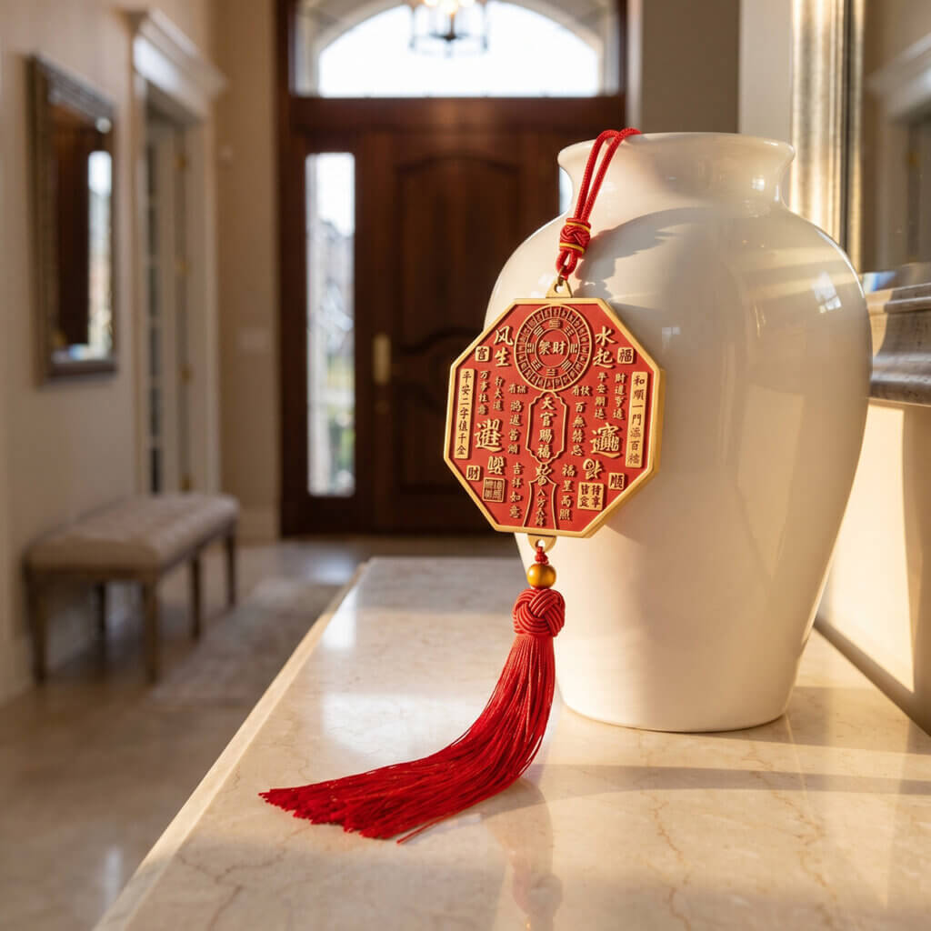 Daoism Light octagonal Tian Guan brass plaque with genuine cinnabar filling for home and shop décor