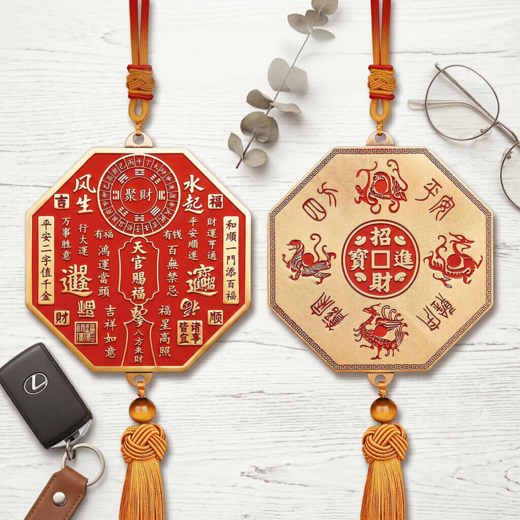 Daoism Light octagonal Tian Guan brass plaque with genuine cinnabar filling for home and shop décor