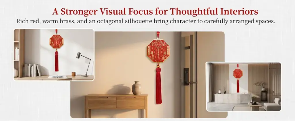 Double-sided Tian Guan Ci Fu brass plaque displayed in an indoor home entryway