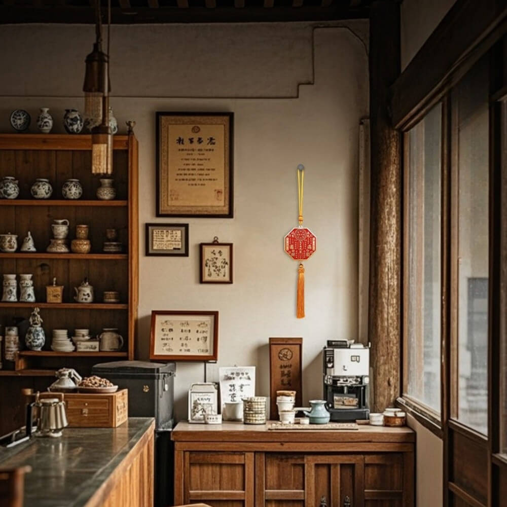 Tian Guan brass plaque hanging in a traditional shop space
