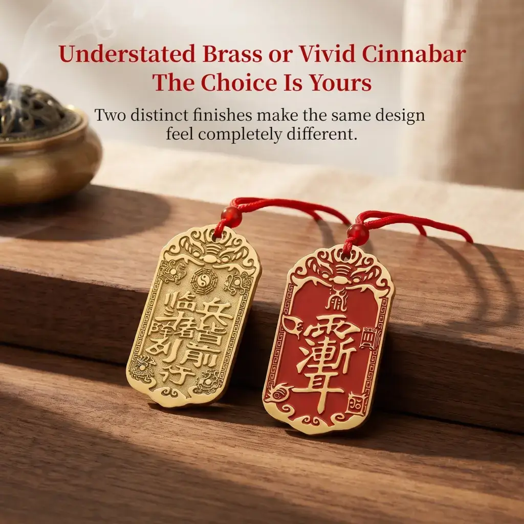 Zi Wei Hui Nine Mantra pendant in engraved brass and cinnabar-filled brass finishes