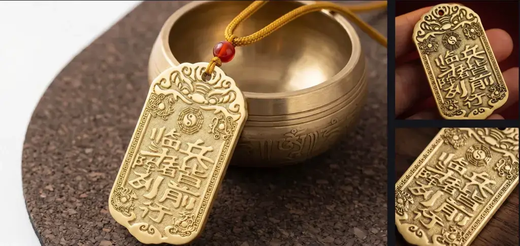 Close-up of the Zi Wei Hui Symbol engraving on the brass pendant