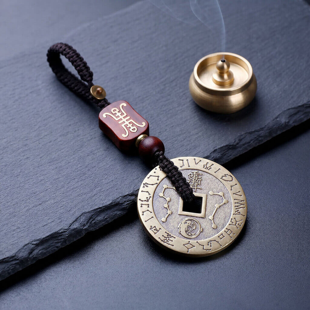 Vintage brass Ziwei mantra coin pendant for keys and daily carry