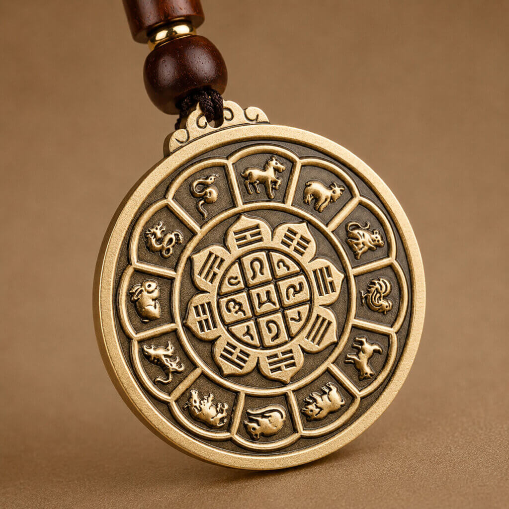 Daoism Light solid brass Zodiac Bagua Vajra pendant charm