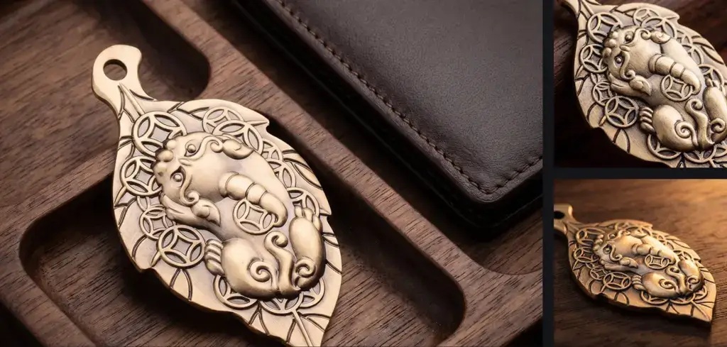 Close-up of raised Pixiu carving on a leaf-shaped brass charm