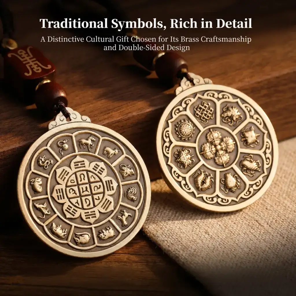 Brass Zodiac Bagua Vajra hanging charm with braided cord and wooden beads